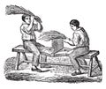 Workers fingering flax comb, vintage engraving