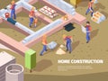 Workers foundation building. Architects and builders construct house engineers working vector isometric background