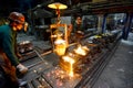 Workers in a foundry casting a metal workpiece - safety at work and teamwork