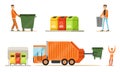 Workers and garbage collection equipment. Set of vector illustrations. Royalty Free Stock Photo