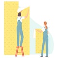 Workers gluing wallpaper. People making house or home apartment interior renovation. Cartoon flat woman builder characters. Vector