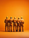 Workers in hard hats and orange work clothes. Professional specialists. Generative AI