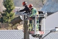 The workers with helmet working at height on the trees