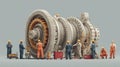 Workers Inspecting Large Gas Turbine Engine in Industrial Setting Royalty Free Stock Photo