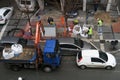 Workers install DSLAM fiber optics cabinet.