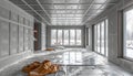 Workers installing ceiling and wall panels in an unfinished room, downsized home renovations image