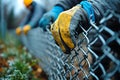 Workers installing chain link fence in outdoor environment with protective gear Royalty Free Stock Photo