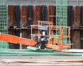 Workers are installing green welded wire steel mesh reinforcement Royalty Free Stock Photo