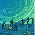 Workers are installing solar panels, equipped with yellow safety gear and tools. They Royalty Free Stock Photo
