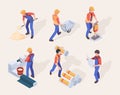 Workers isometric. Builders in uniform different construction machines and tools vector people set