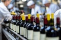 Workers labeling and packaging wine bottles on bustling bottling line in winery Royalty Free Stock Photo