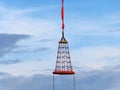 Workers are lifted by the crane to the offshore platform, Transfer crews by personal basket from the platform to crews boat. Royalty Free Stock Photo