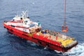 Workers are lifted by the crane to the offshore platform, Transfer crews by personal basket from the platform to crews boat Royalty Free Stock Photo