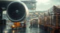 Workers load cargo onto a plane at an airport Royalty Free Stock Photo