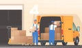 Workers load a delivery van with goods from a warehouse. Distribution of goods, e commerce, online orders from the marketplace. Royalty Free Stock Photo