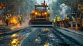 Workers and machines are actively engaged in the ongoing process of road construction and repair. Royalty Free Stock Photo
