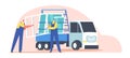 Workers Male Characters Loading Pvc Windows on Stationary Semi Truck with Glass Rack for Pane Transportation Royalty Free Stock Photo