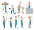 Workers. Male and female builders professional constructors at work vector mascot design