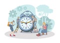 Workers managing time, lady working in park. Time organization and management concept