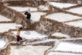 Workers at the Maras salt evaporation ponds in Peru.