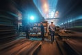 Workers in modern metalworking shop. Foundry workshop interior inside. Heavy industry manufacturing production line Royalty Free Stock Photo