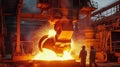 Workers with molten steel in industrial metallurgical factory , heavy industry background.