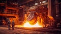 Workers with molten steel in industrial metallurgical factory , heavy industry background.
