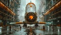 Workers are moving around the unfinished rocket in the hangar. Royalty Free Stock Photo