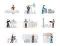 Workers oil and gas factories set. Oil worker in helmets and uniforms repairing pipes and drilling industrial wells Royalty Free Stock Photo