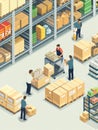 Workers pack grocery orders in an isometric warehouse setting with stacked boxes and modern art Generative AI Royalty Free Stock Photo