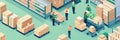Workers packing grocery orders in an isometric warehouse with stacked boxes and efficient organization Generative AI Royalty Free Stock Photo