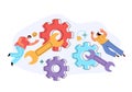 Workers people team characters working and repairing gears system concept. Vector flat cartoon modern style graphic illustration Royalty Free Stock Photo