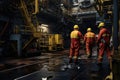 Workers are performing work at the base on an industrial maritime oil rig