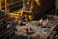 Workers are performing work at the base on an industrial maritime oil rig