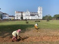 Workers picking dry leaves and sweeping the gardens around the ancient Portuguese era Se Cathedral