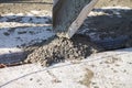 Worker pouring concrete mix at home foundation Royalty Free Stock Photo