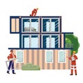 Workers in protective gear installing modular house with architect supervising Royalty Free Stock Photo
