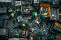 Workers in protective gear sorting e-waste at recycling facility. High-angle view image showcasing e-waste management Royalty Free Stock Photo