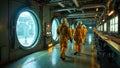 Workers in protective suits walking through a high-tech industrial facility with large circular windows Royalty Free Stock Photo