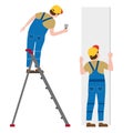 Workers put plaster on a stepladder, installing gypsum plasterboard panels. Vector illustration, isolated. Construction