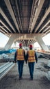 Workers in red hard hats and yellow vests walk on construction site with scattered materials Royalty Free Stock Photo