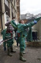 Workers removing decontamination suits