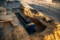 Workers repair water, drainage or sewer pipeline