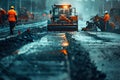 Workers repairing a road with heavy machines Royalty Free Stock Photo