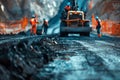 Workers repairing a road with heavy machines Royalty Free Stock Photo