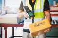 Workers Scanning Bar Code Scanner on Package Boxes. Delivery to Customers. Storehouse. Shipment Boxes. Warehouse Shipping . Royalty Free Stock Photo