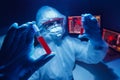 Workers scientist biological laboratory analyzes virus strain model of MERS-Cov coronavirus 2019-nCoV. Blue background