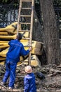 Workers setting up communication lines