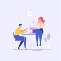 Workers sitting at desk and drinking coffee. Coffee break and lunch time in coworking office. Concept of informal conversation, Royalty Free Stock Photo
