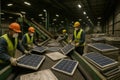 Workers sort used solar panels on a conveyor belt inside an industrial facility for recycling and processing Royalty Free Stock Photo